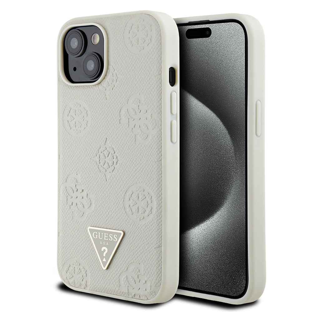 Guess iPhone 15 Orjinal Lisanslı M-safe Sıcak Baskılı Üçgen Logolu PU Deri Peony Kılıf