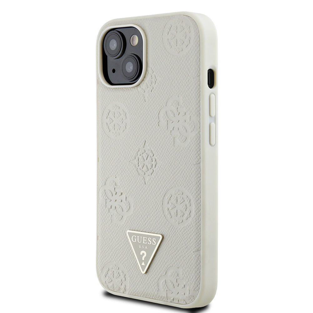 Guess iPhone 15 Orjinal Lisanslı M-safe Sıcak Baskılı Üçgen Logolu PU Deri Peony Kılıf