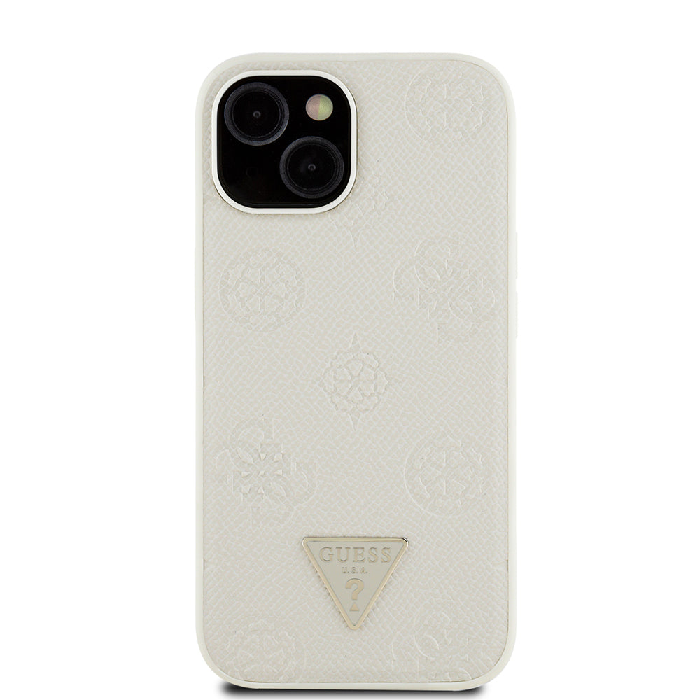 Guess iPhone 15 Orjinal Lisanslı M-safe Sıcak Baskılı Üçgen Logolu PU Deri Peony Kılıf