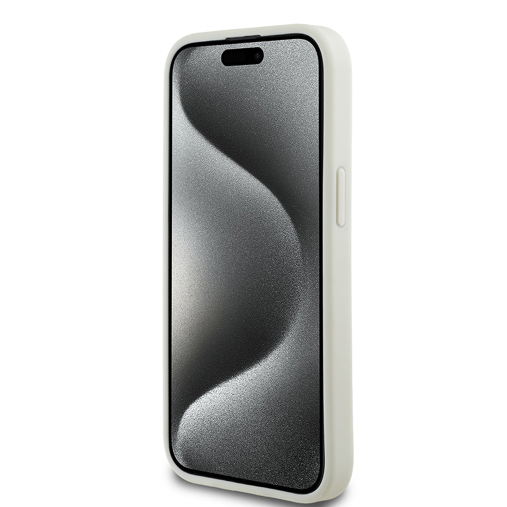 Guess iPhone 15 Orjinal Lisanslı M-safe Sıcak Baskılı Üçgen Logolu PU Deri Peony Kılıf