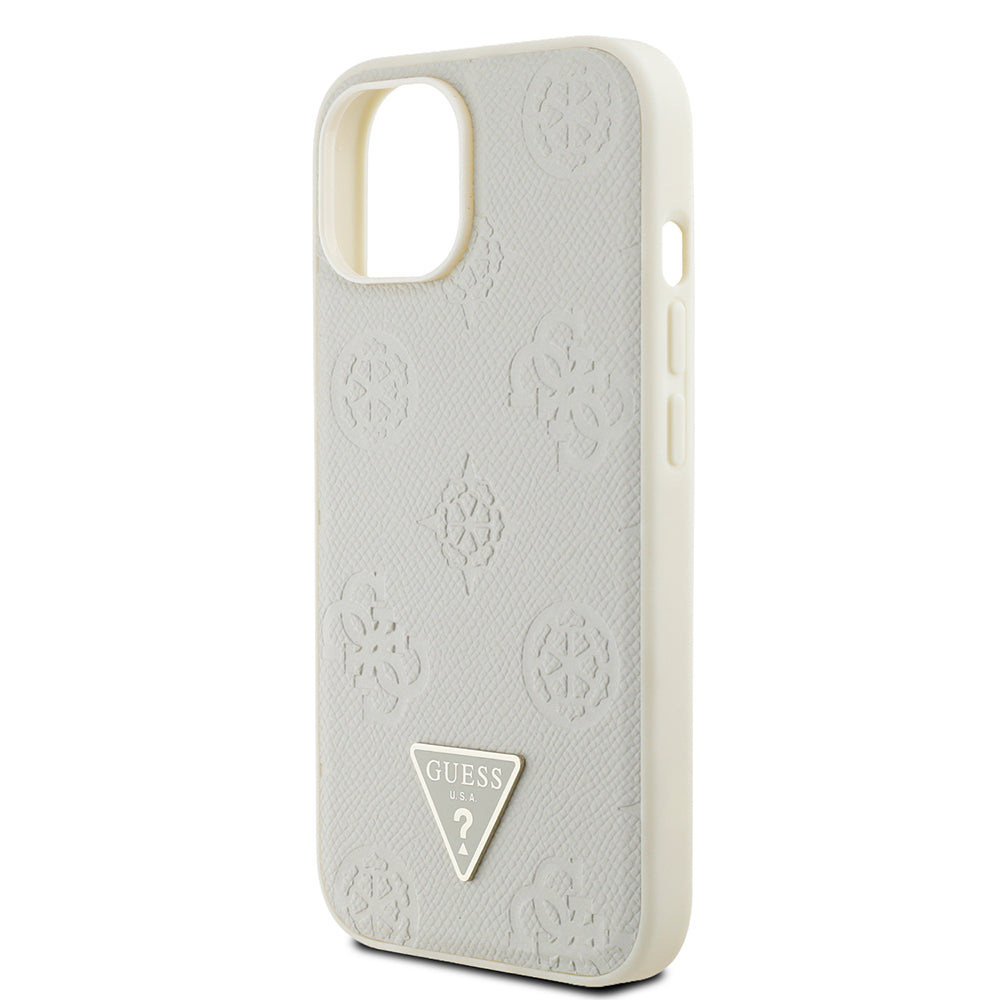 Guess iPhone 15 Orjinal Lisanslı M-safe Sıcak Baskılı Üçgen Logolu PU Deri Peony Kılıf