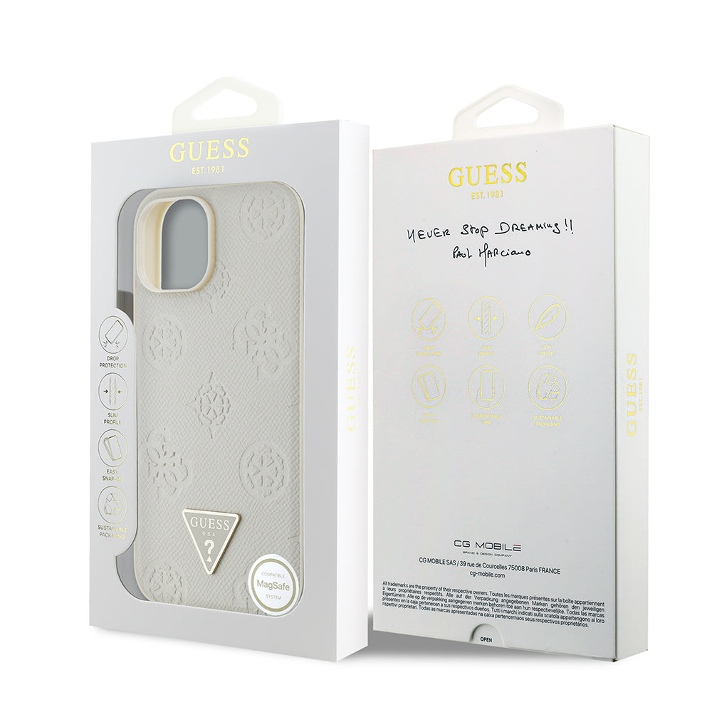 Guess iPhone 15 Orjinal Lisanslı M-safe Sıcak Baskılı Üçgen Logolu PU Deri Peony Kılıf