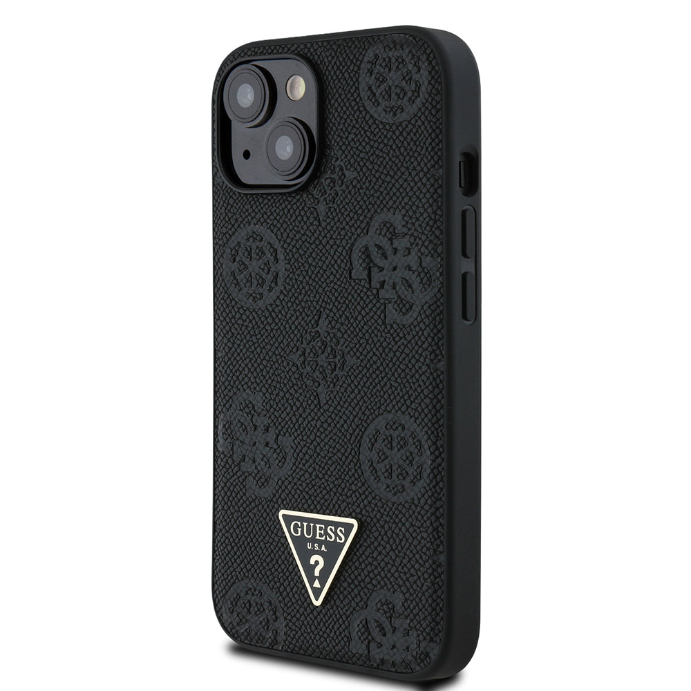 Guess iPhone 15 Orjinal Lisanslı M-safe Sıcak Baskılı Üçgen Logolu PU Deri Peony Kılıf