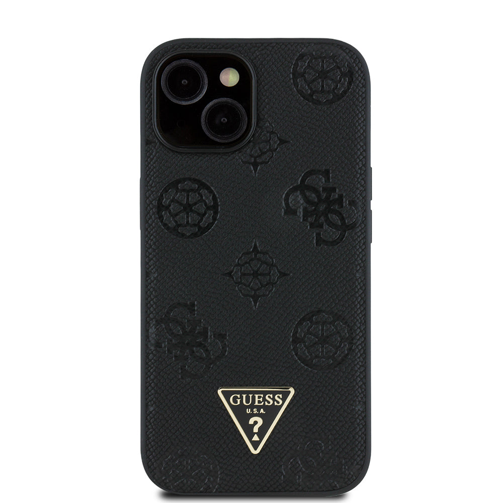 Guess iPhone 15 Orjinal Lisanslı M-safe Sıcak Baskılı Üçgen Logolu PU Deri Peony Kılıf