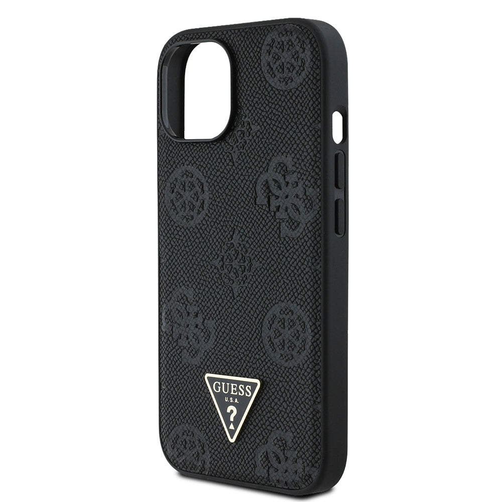 Guess iPhone 15 Orjinal Lisanslı M-safe Sıcak Baskılı Üçgen Logolu PU Deri Peony Kılıf