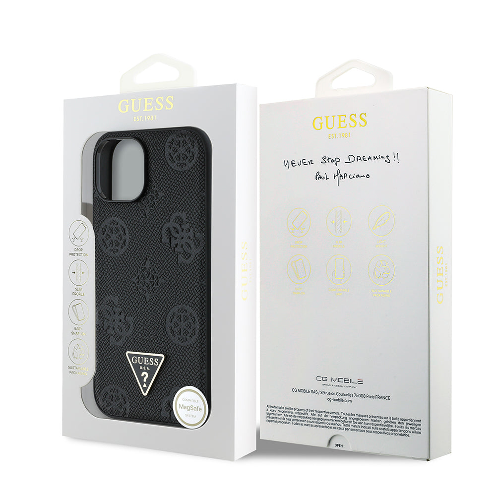 Guess iPhone 15 Orjinal Lisanslı M-safe Sıcak Baskılı Üçgen Logolu PU Deri Peony Kılıf