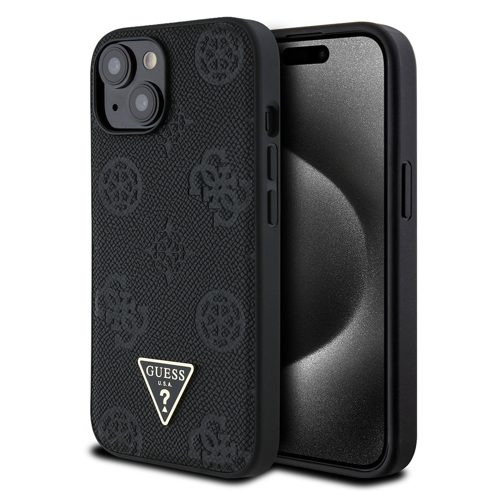 Guess iPhone 15 Orjinal Lisanslı M-safe Sıcak Baskılı Üçgen Logolu PU Deri Peony Kılıf