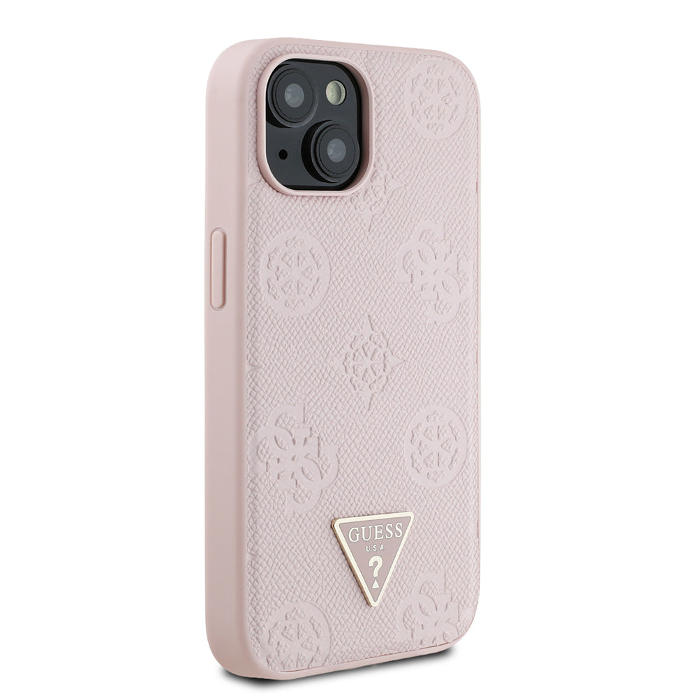Guess iPhone 15 Orjinal Lisanslı M-safe Sıcak Baskılı Üçgen Logolu PU Deri Peony Kılıf