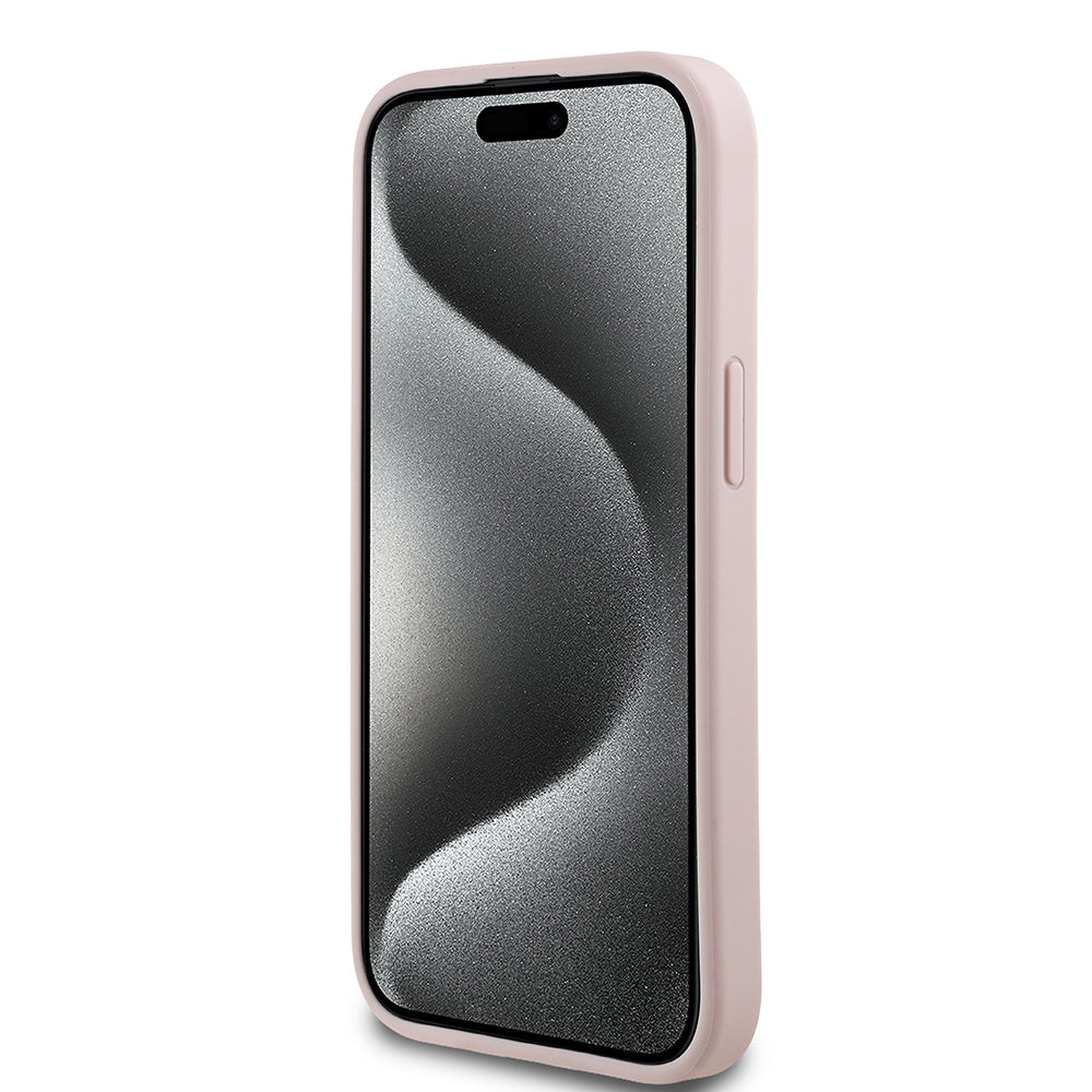 Guess iPhone 15 Orjinal Lisanslı M-safe Sıcak Baskılı Üçgen Logolu PU Deri Peony Kılıf