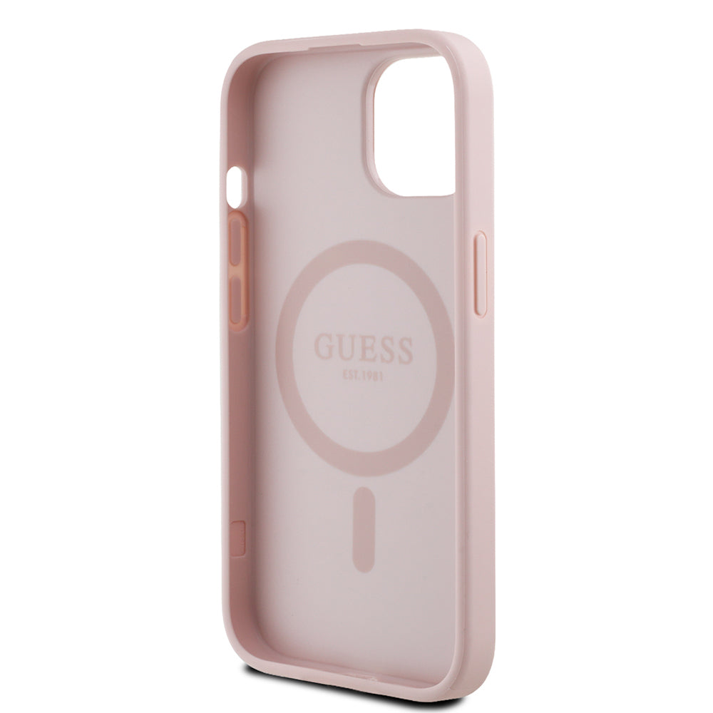 Guess iPhone 15 Orjinal Lisanslı M-safe Sıcak Baskılı Üçgen Logolu PU Deri Peony Kılıf