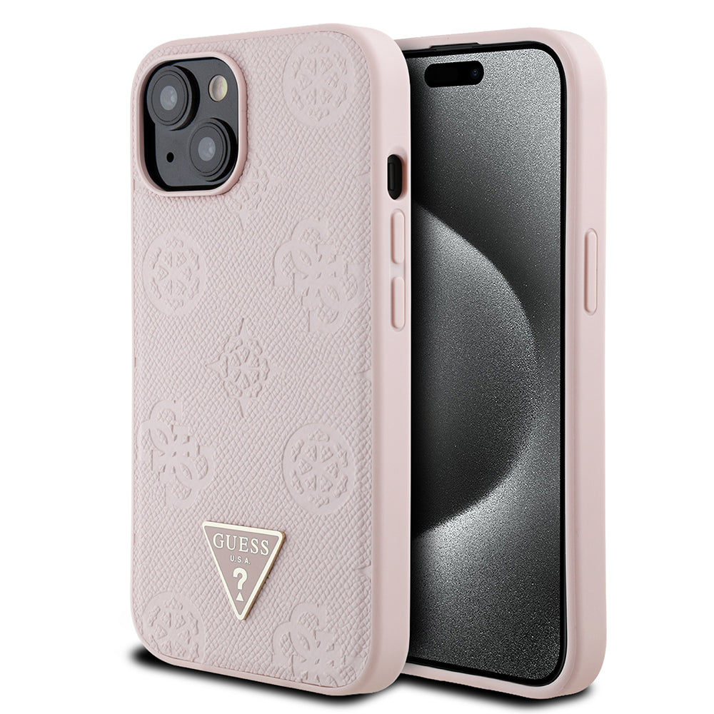 Guess iPhone 15 Orjinal Lisanslı M-safe Sıcak Baskılı Üçgen Logolu PU Deri Peony Kılıf