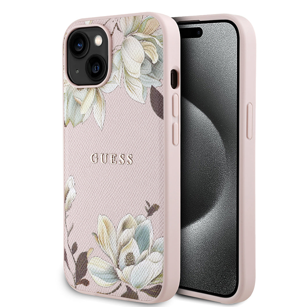 Guess iPhone 15 Orjinal Lisanslı M-safe Şarj Özellikli Taneli Çiçek Tasarımlı Metal Yazı Logolu Kılıf