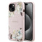 Guess iPhone 15 Orjinal Lisanslı M-safe Şarj Özellikli Taneli Çiçek Tasarımlı Metal Yazı Logolu Kılıf