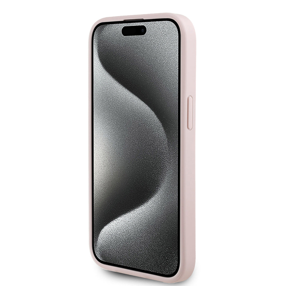 Guess iPhone 15 Orjinal Lisanslı M-safe Şarj Özellikli Taneli Çiçek Tasarımlı Metal Yazı Logolu Kılıf