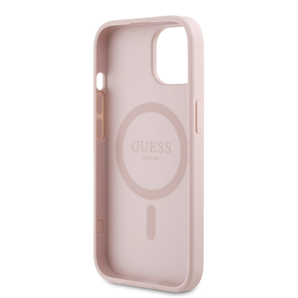Guess iPhone 15 Orjinal Lisanslı M-safe Şarj Özellikli Taneli Çiçek Tasarımlı Metal Yazı Logolu Kılıf