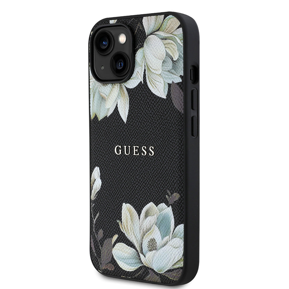 Guess iPhone 15 Orjinal Lisanslı M-safe Şarj Özellikli Taneli Çiçek Tasarımlı Metal Yazı Logolu Kılıf