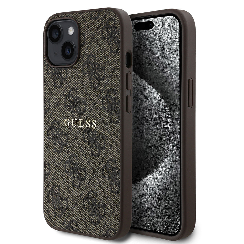 Guess iPhone 15 Orjinal Lisanslı M-safe Şarj Özellikli 4G Desen Yazı Logolu Kılıf