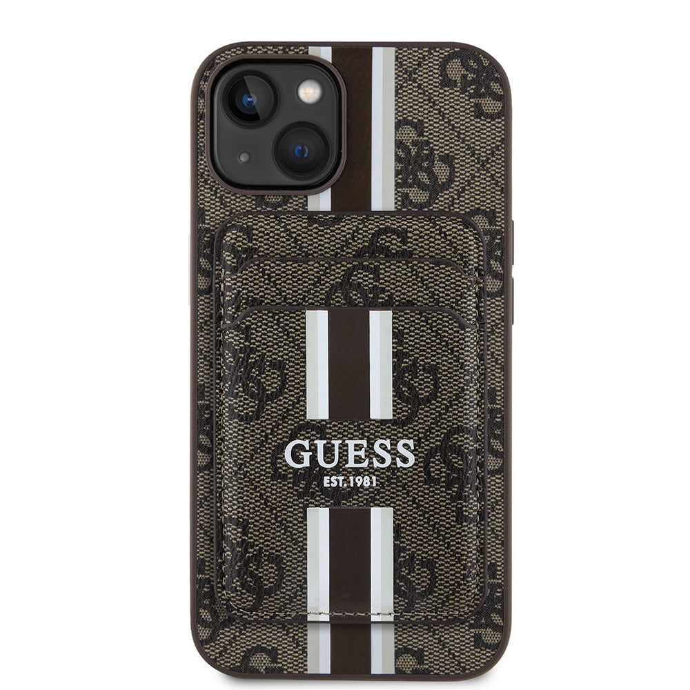 Guess iPhone 15 Orjinal Lisanslı M-safe 4G Desenli Çizgili Kartlıklı Kılıf