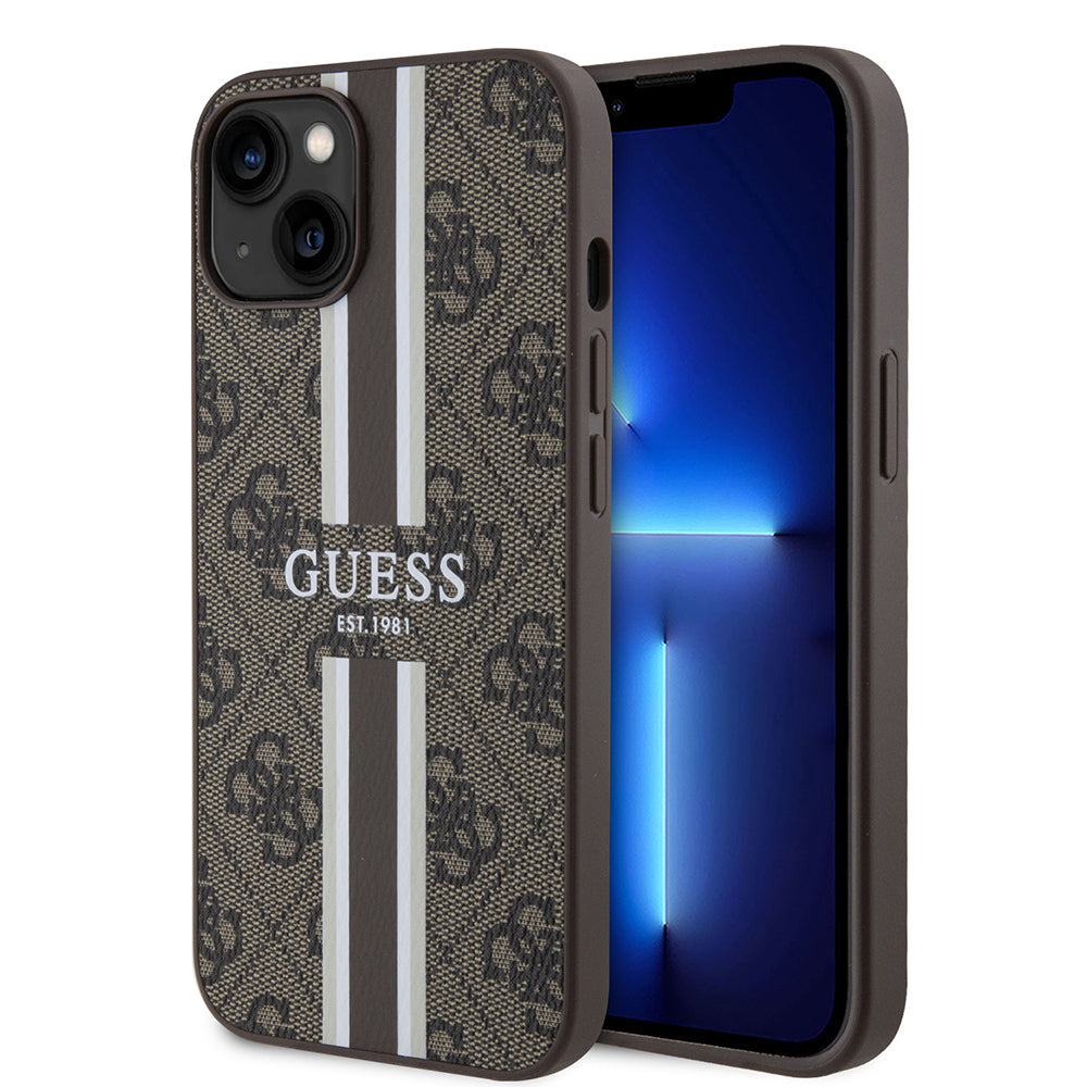 Guess iPhone 15 Orjinal Lisanslı M-safe Şarj Özellikli 4G Şerit Tasarımlı Printed Kılıf