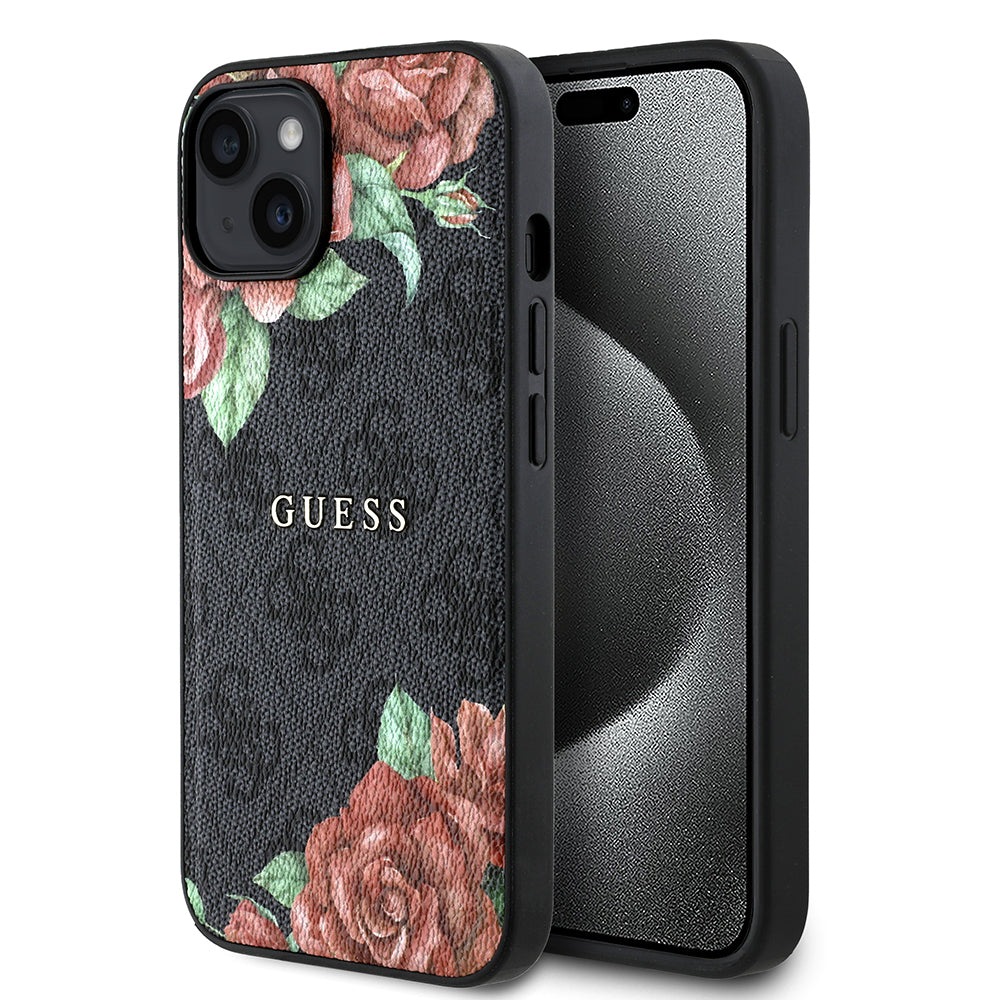 Guess iPhone 15 Orjinal Lisanslı M-safe Şarj Özellikli Gül Baskılı 4G Desenli Yazı Logolu Kılıf