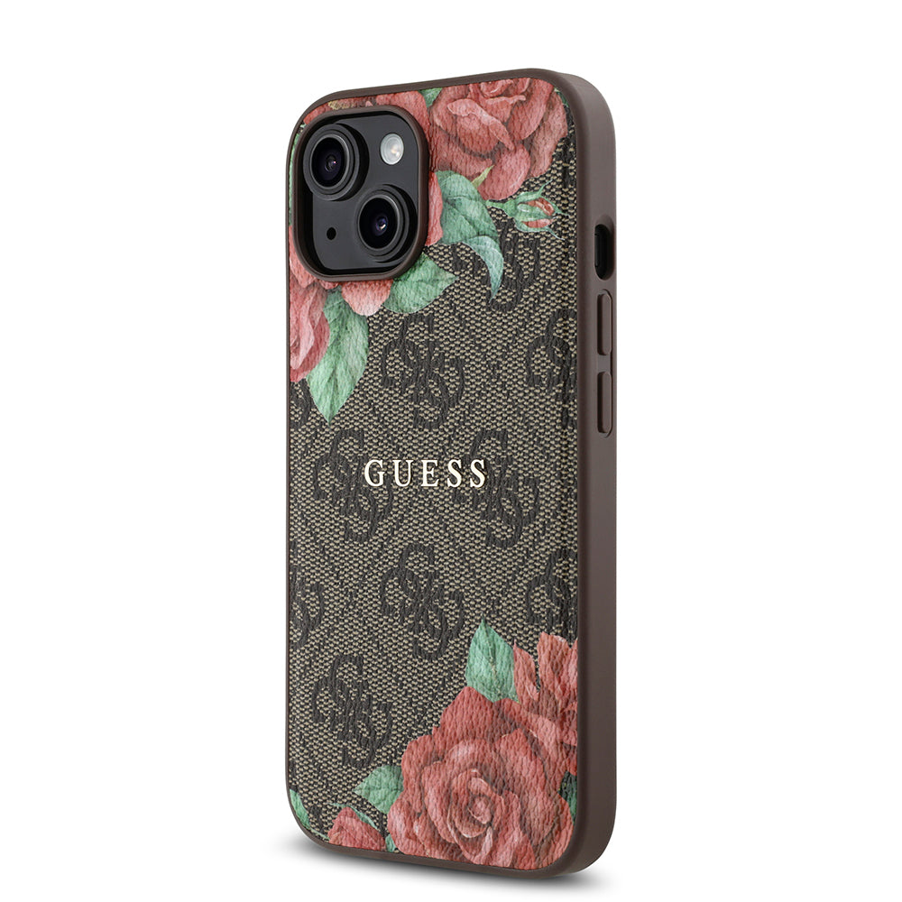Guess iPhone 15 Orjinal Lisanslı M-safe Şarj Özellikli Gül Baskılı 4G Desenli Yazı Logolu Kılıf