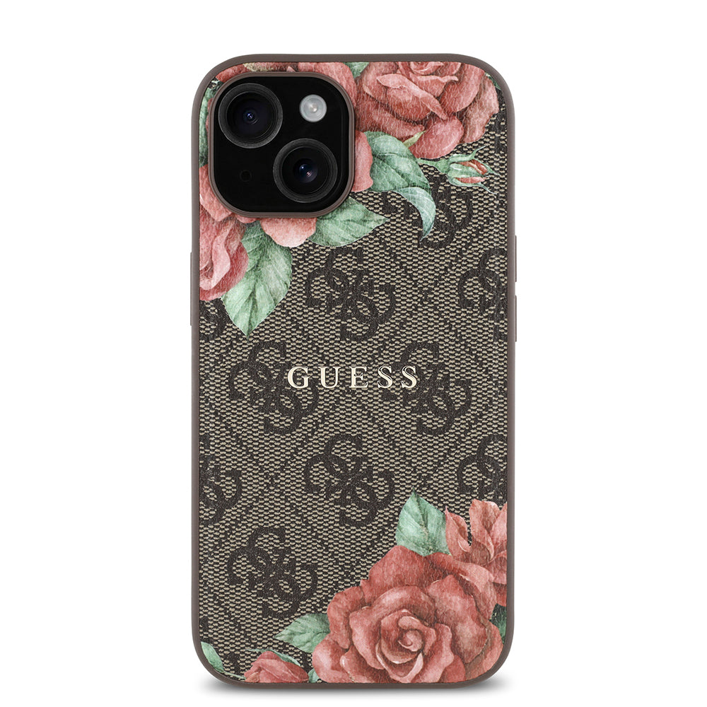 Guess iPhone 15 Orjinal Lisanslı M-safe Şarj Özellikli Gül Baskılı 4G Desenli Yazı Logolu Kılıf