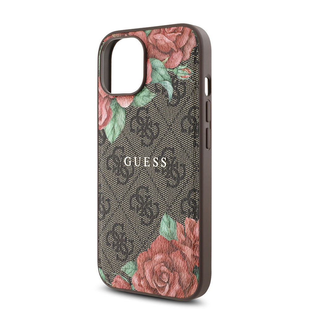 Guess iPhone 15 Orjinal Lisanslı M-safe Şarj Özellikli Gül Baskılı 4G Desenli Yazı Logolu Kılıf