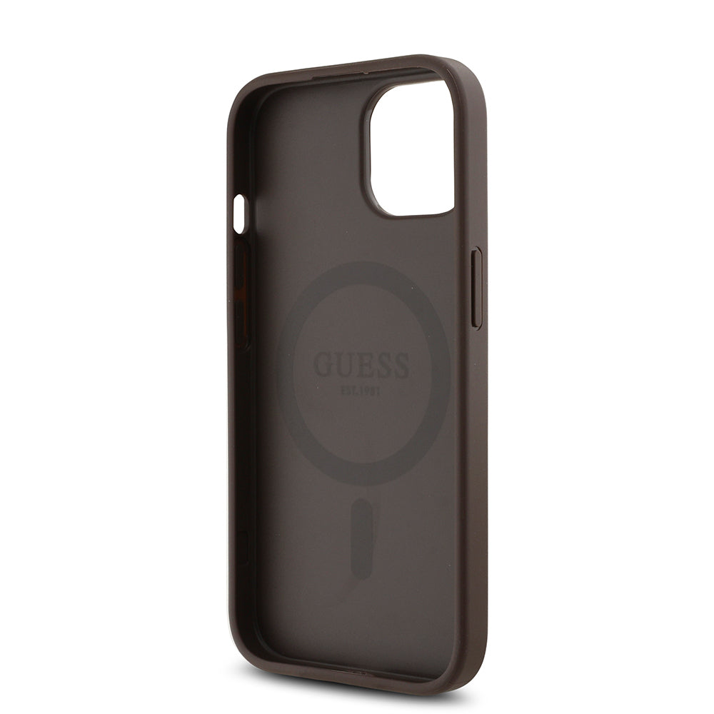 Guess iPhone 15 Orjinal Lisanslı M-safe Şarj Özellikli Gül Baskılı 4G Desenli Yazı Logolu Kılıf