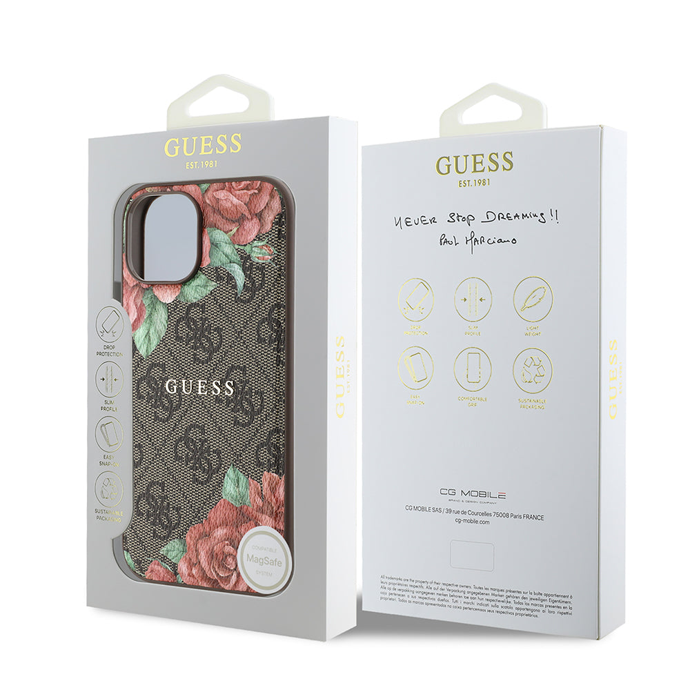 Guess iPhone 15 Orjinal Lisanslı M-safe Şarj Özellikli Gül Baskılı 4G Desenli Yazı Logolu Kılıf