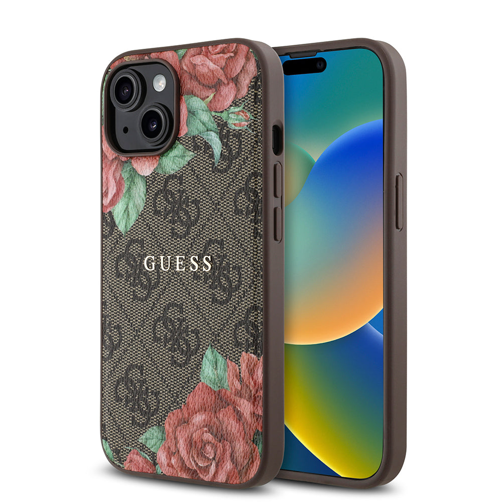 Guess iPhone 15 Orjinal Lisanslı M-safe Şarj Özellikli Gül Baskılı 4G Desenli Yazı Logolu Kılıf