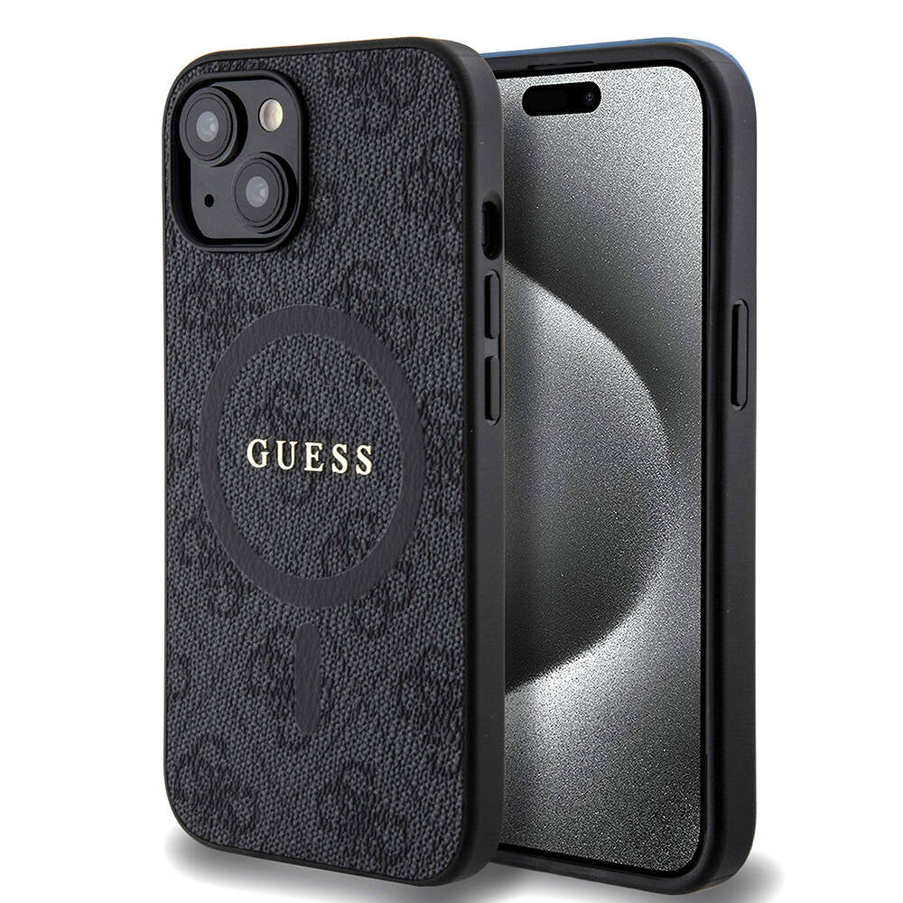 Guess iPhone 15 Orjinal Lisanslı M-safe Şarj Özellikli PU Halkalı 4G Desenli Yazı Logolu Kılıf