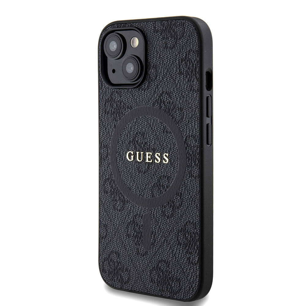 Guess iPhone 15 Orjinal Lisanslı M-safe Şarj Özellikli PU Halkalı 4G Desenli Yazı Logolu Kılıf