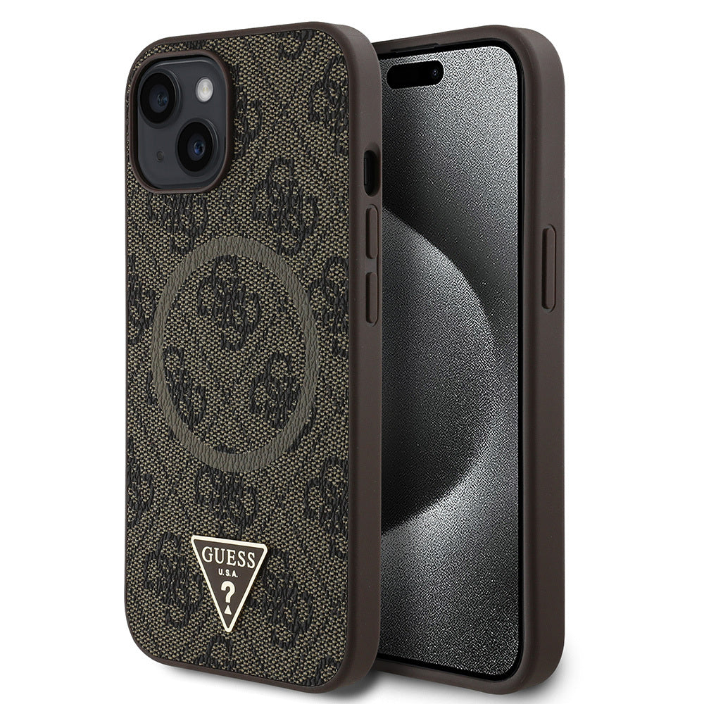 Guess iPhone 15 Orjinal Lisanslı M-safe Şarj Özellikli PU Üçgen Logo 4G Desenli Kılıf