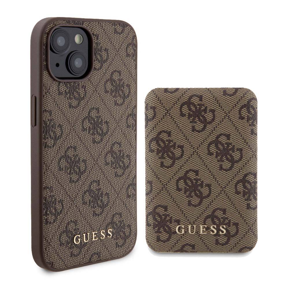 Guess iPhone 15 Orjinal Lisanslı Magsafe Şarj Özellikli Yazı Logolu 4G Desenli Telefon Kılıfı + Powerbank 5000mAh 2in1 Set