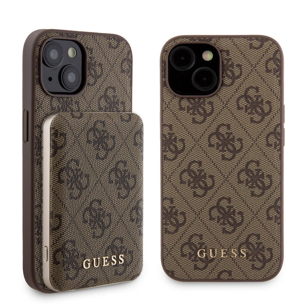 Guess iPhone 15 Orjinal Lisanslı Magsafe Şarj Özellikli Yazı Logolu 4G Desenli Telefon Kılıfı + Powerbank 5000mAh 2in1 Set