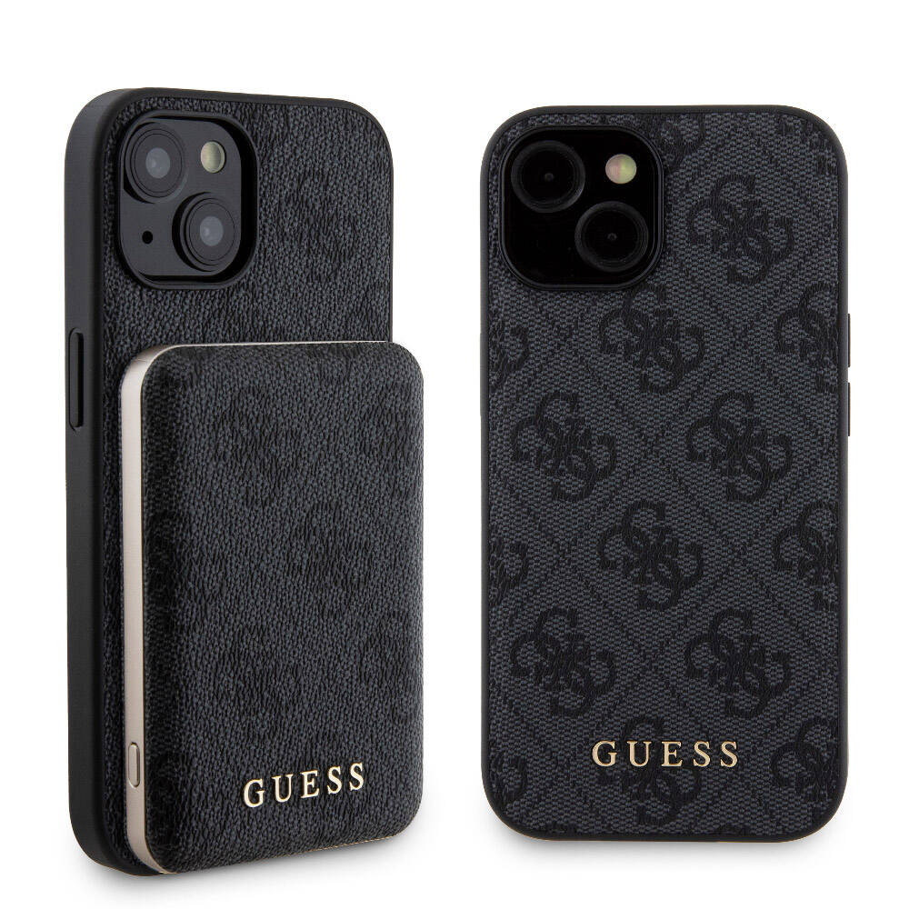 Guess iPhone 15 Orjinal Lisanslı Magsafe Şarj Özellikli Yazı Logolu 4G Desenli Telefon Kılıfı + Powerbank 5000mAh 2in1 Set