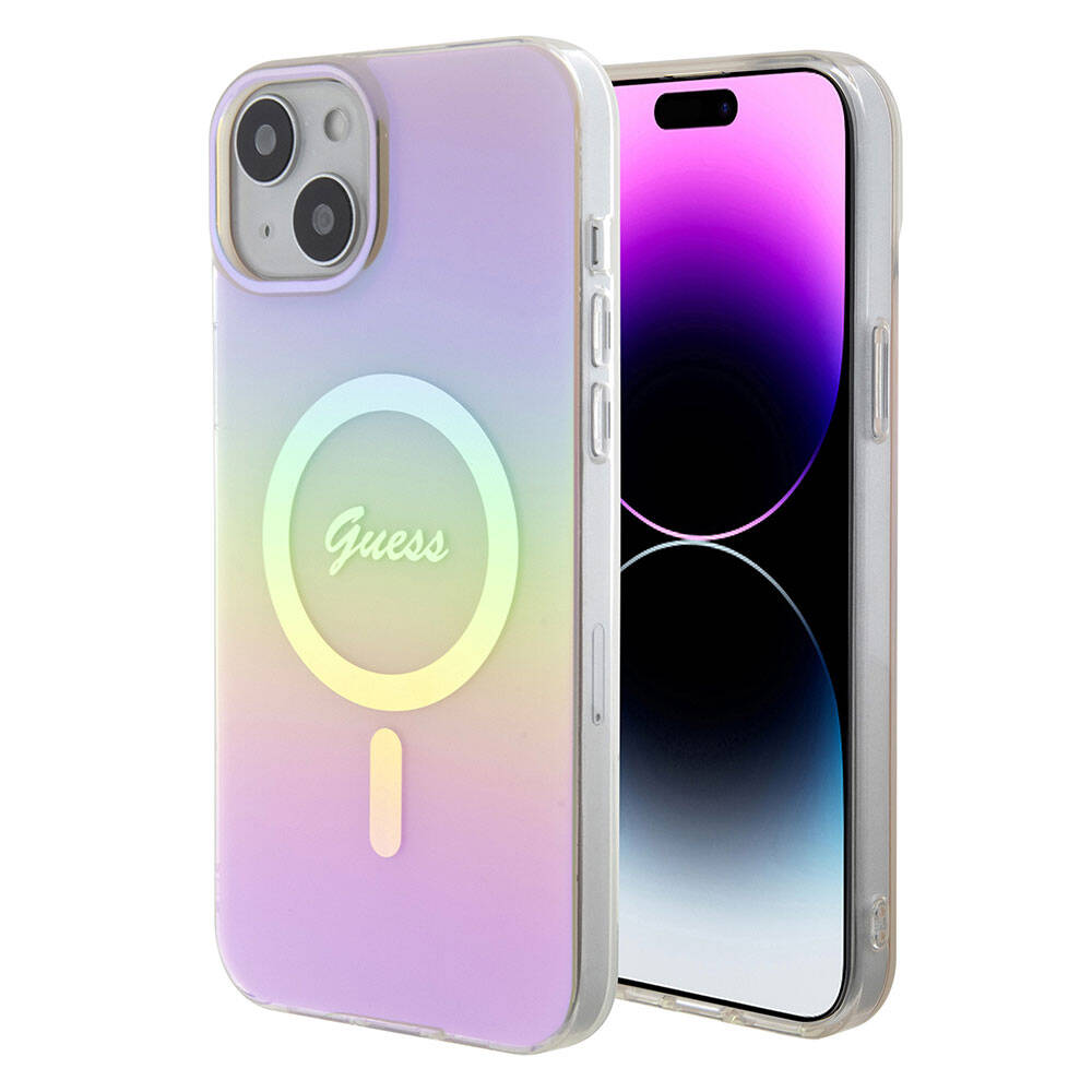 Apple iPhone 15 Kılıf Guess Orjinal Lisanslı Magsafe Şarj Özellikli Yazı Logolu Iridescent Kapak