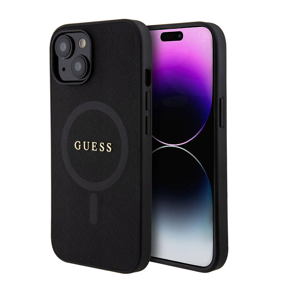 Guess iPhone 15 Orjinal Lisanslı Magsafe Şarj Özellikli Yazı Logolu Saffiano Telefon Kılıfı