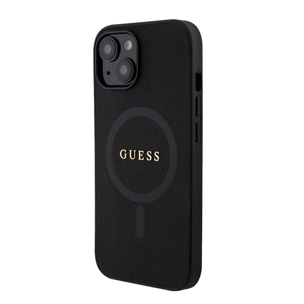 Guess iPhone 15 Orjinal Lisanslı Magsafe Şarj Özellikli Yazı Logolu Saffiano Telefon Kılıfı