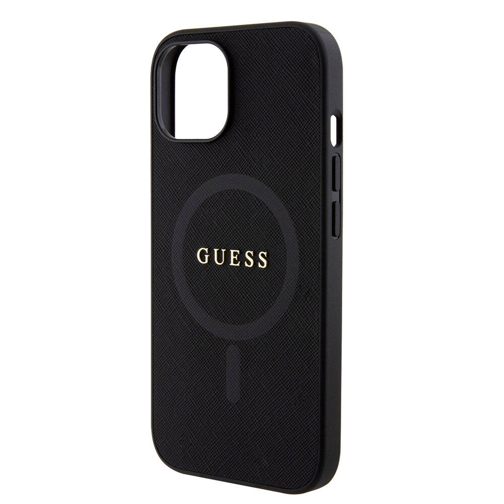 Guess iPhone 15 Orjinal Lisanslı Magsafe Şarj Özellikli Yazı Logolu Saffiano Telefon Kılıfı