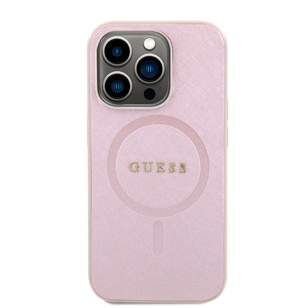 Guess iPhone 15 Orjinal Lisanslı Magsafe Şarj Özellikli Yazı Logolu Saffiano Telefon Kılıfı