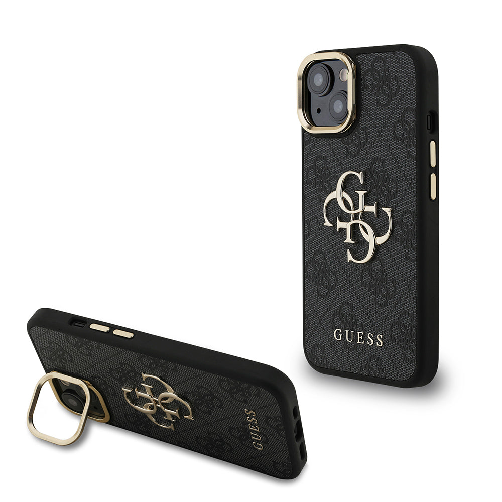 Guess iPhone 15 Orjinal Lisanslı PU Deri 4G Desenli Metal Büyük 4G ve Yazı Logolu Kamera Standlı Kılıf