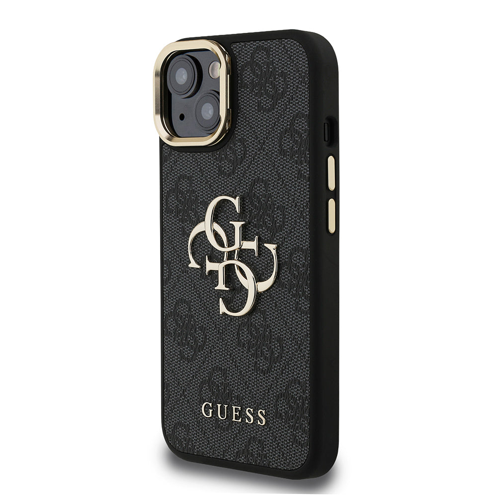 Guess iPhone 15 Orjinal Lisanslı PU Deri 4G Desenli Metal Büyük 4G ve Yazı Logolu Kamera Standlı Kılıf
