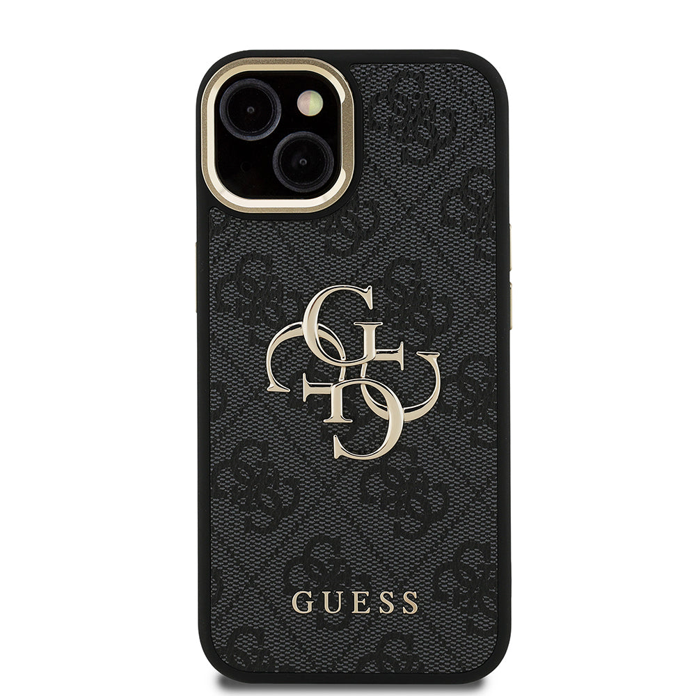 Guess iPhone 15 Orjinal Lisanslı PU Deri 4G Desenli Metal Büyük 4G ve Yazı Logolu Kamera Standlı Kılıf