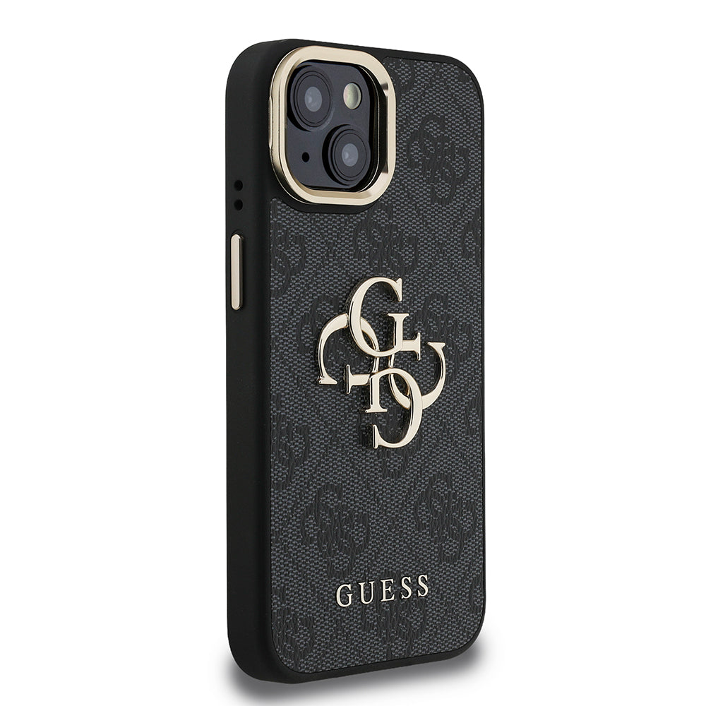 Guess iPhone 15 Orjinal Lisanslı PU Deri 4G Desenli Metal Büyük 4G ve Yazı Logolu Kamera Standlı Kılıf