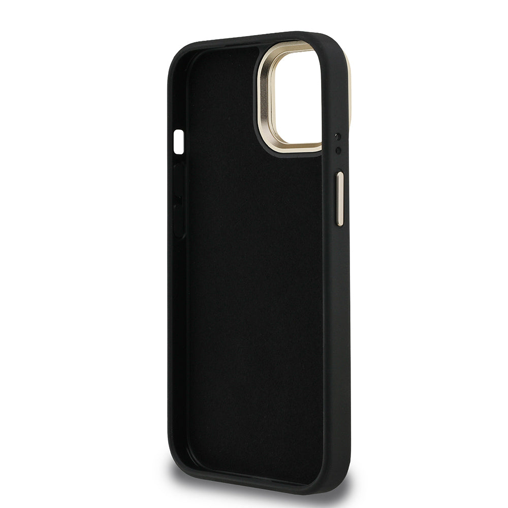 Guess iPhone 15 Orjinal Lisanslı PU Deri 4G Desenli Metal Büyük 4G ve Yazı Logolu Kamera Standlı Kılıf