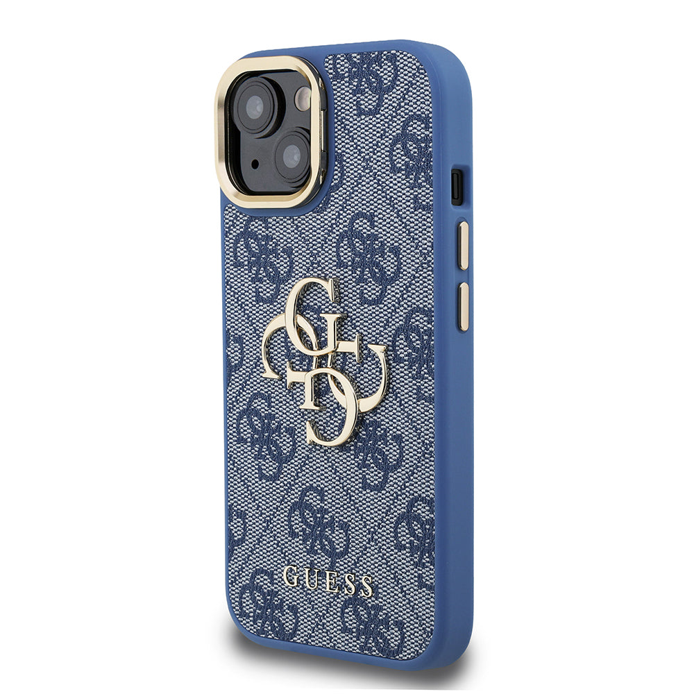 Guess iPhone 15 Orjinal Lisanslı PU Deri 4G Desenli Metal Büyük 4G ve Yazı Logolu Kamera Standlı Kılıf