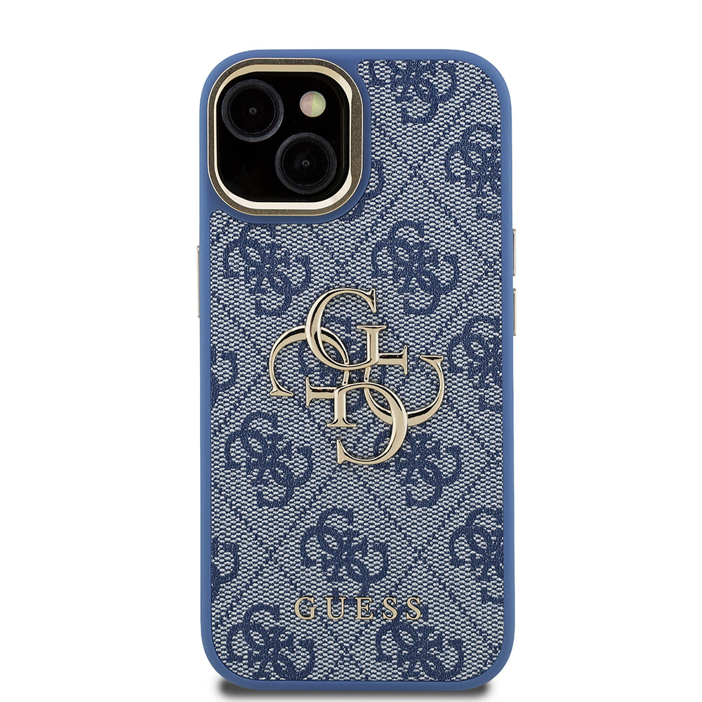 Guess iPhone 15 Orjinal Lisanslı PU Deri 4G Desenli Metal Büyük 4G ve Yazı Logolu Kamera Standlı Kılıf