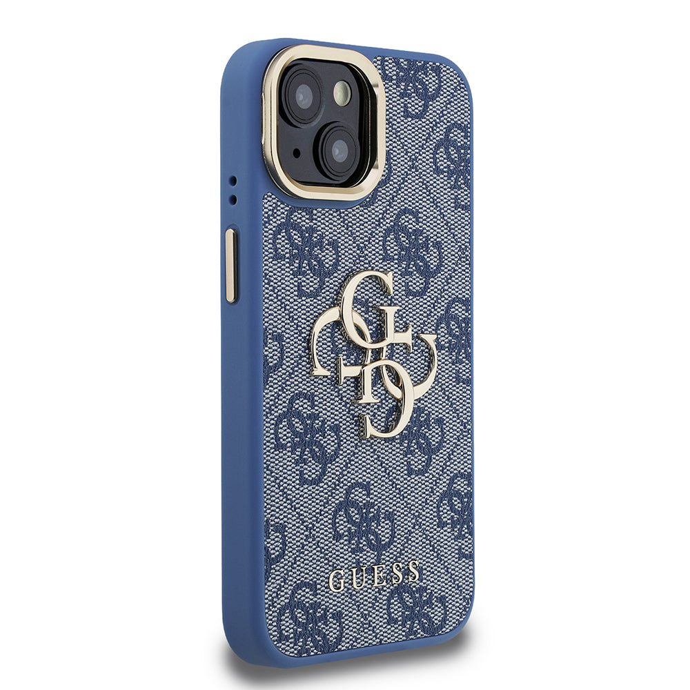 Guess iPhone 15 Orjinal Lisanslı PU Deri 4G Desenli Metal Büyük 4G ve Yazı Logolu Kamera Standlı Kılıf