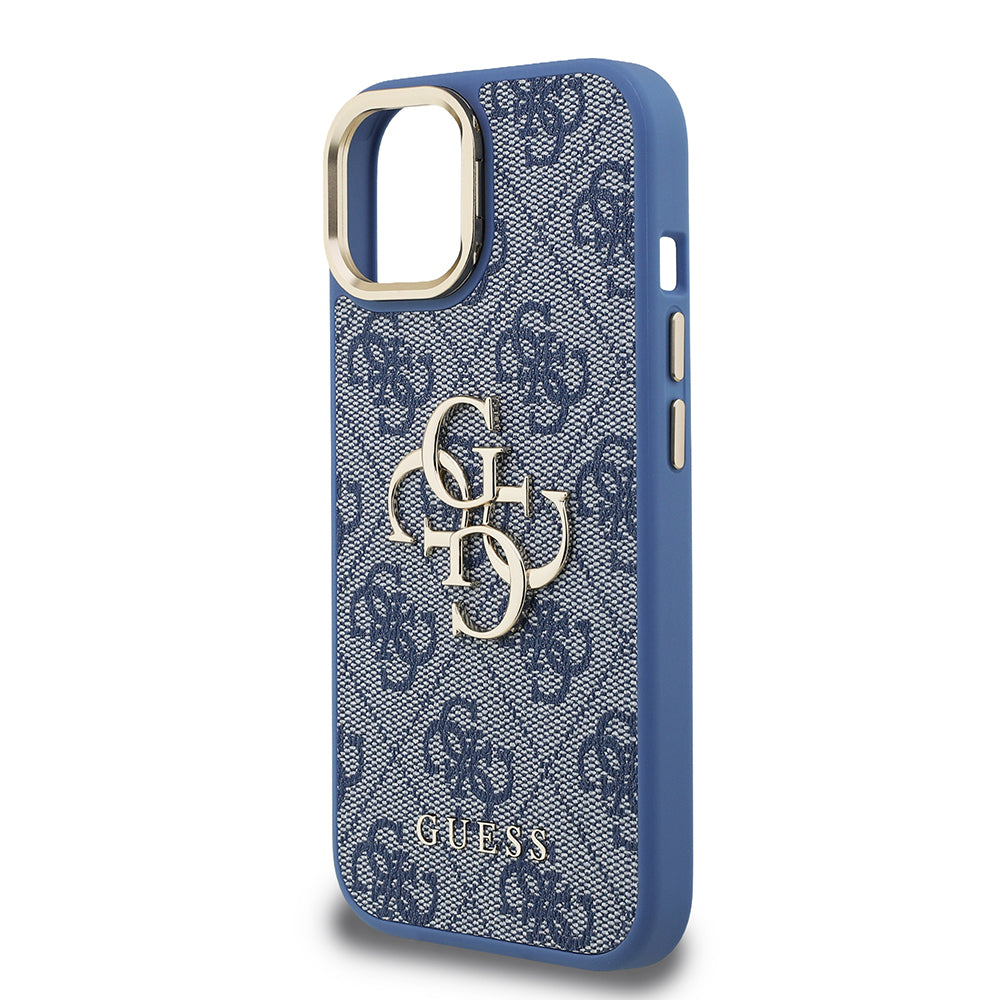 Guess iPhone 15 Orjinal Lisanslı PU Deri 4G Desenli Metal Büyük 4G ve Yazı Logolu Kamera Standlı Kılıf